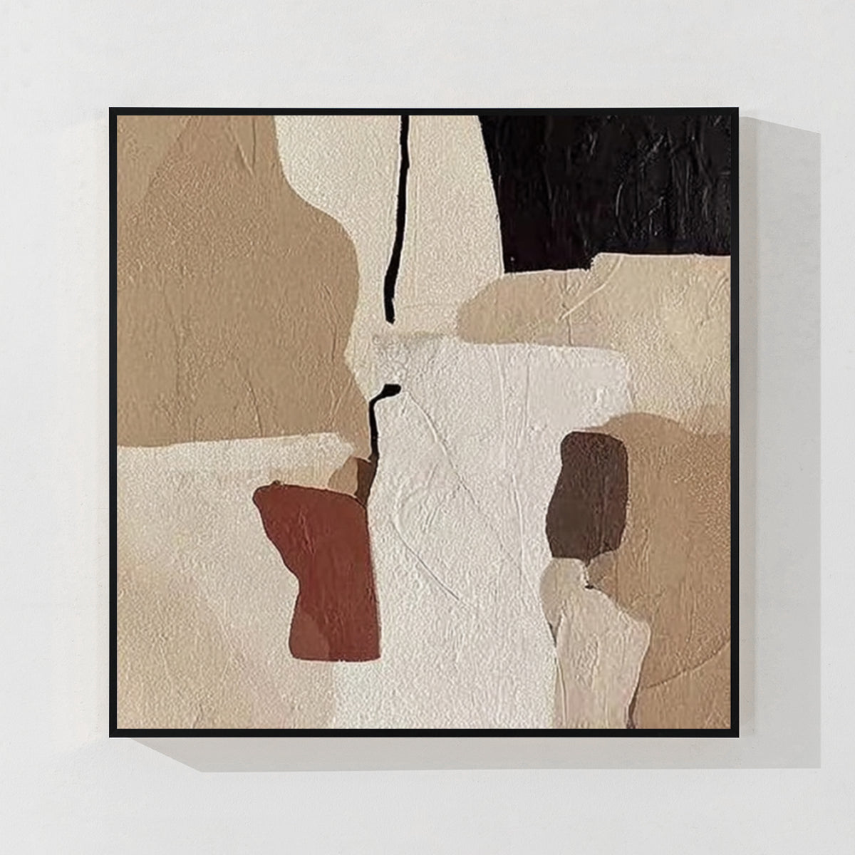 Black frame beige abstract wall art painting with textured surface and modern minimalist design