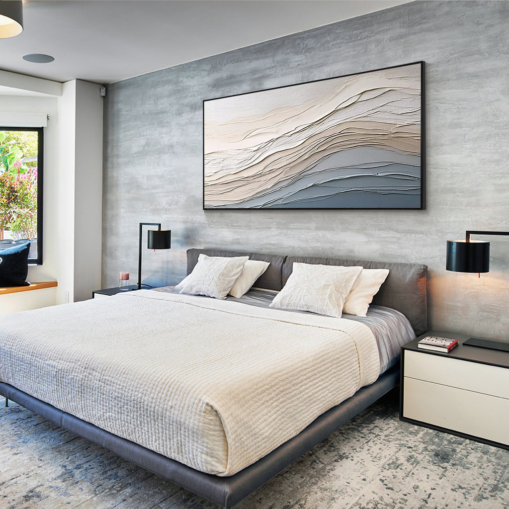 Black frame neutral textured abstract wall art displayed above a modern bedroom bed
