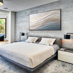 Black frame neutral textured abstract wall art displayed above a modern bedroom bed