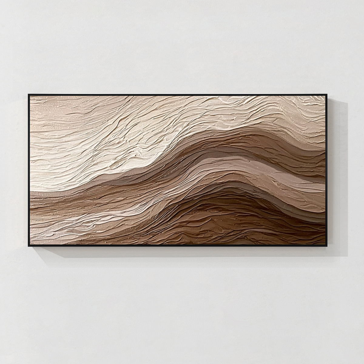Black framed 3D textured abstract wall art with layered beige and brown relief design, modern minimalist canvas artwork for living room home decor