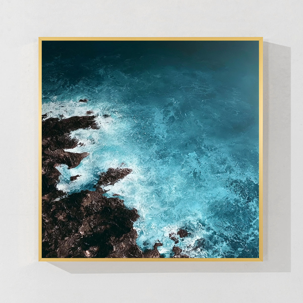 Blue ocean wave abstract wall art with gold frame, elegant modern coastal artwork