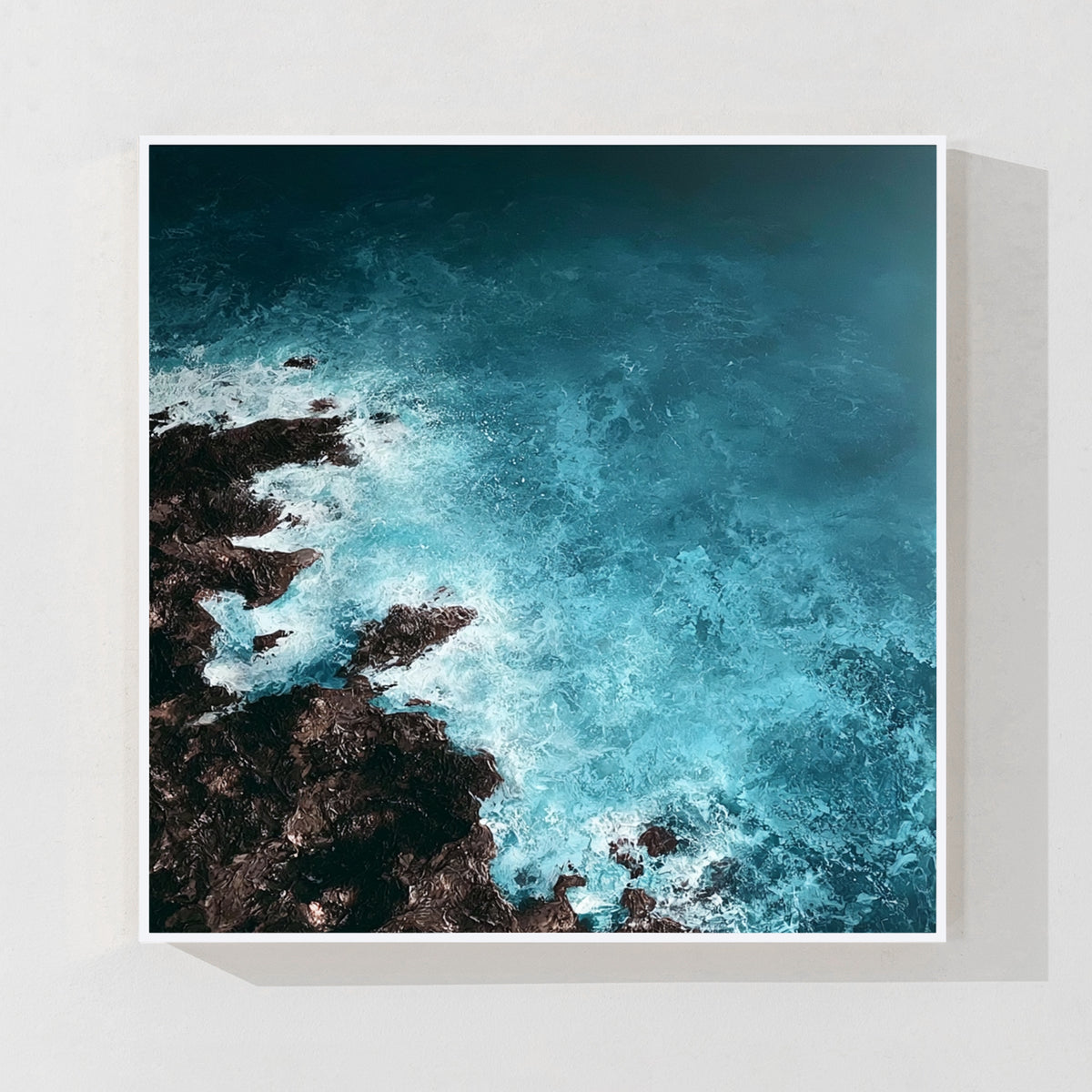 Blue ocean wave abstract wall art with white frame, modern coastal painting for home decor