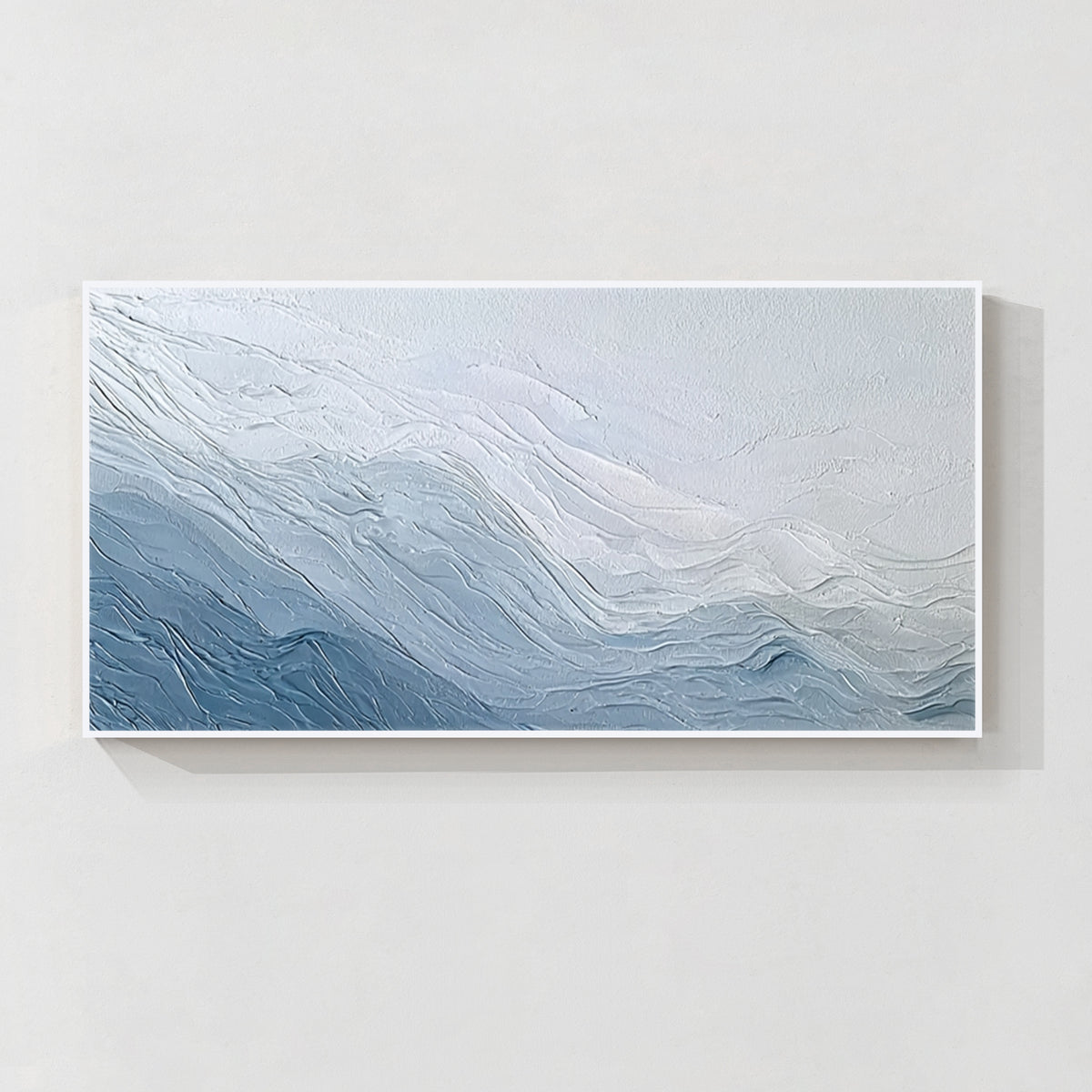 Modern blue textured abstract wall art with flowing wave patterns on canvas