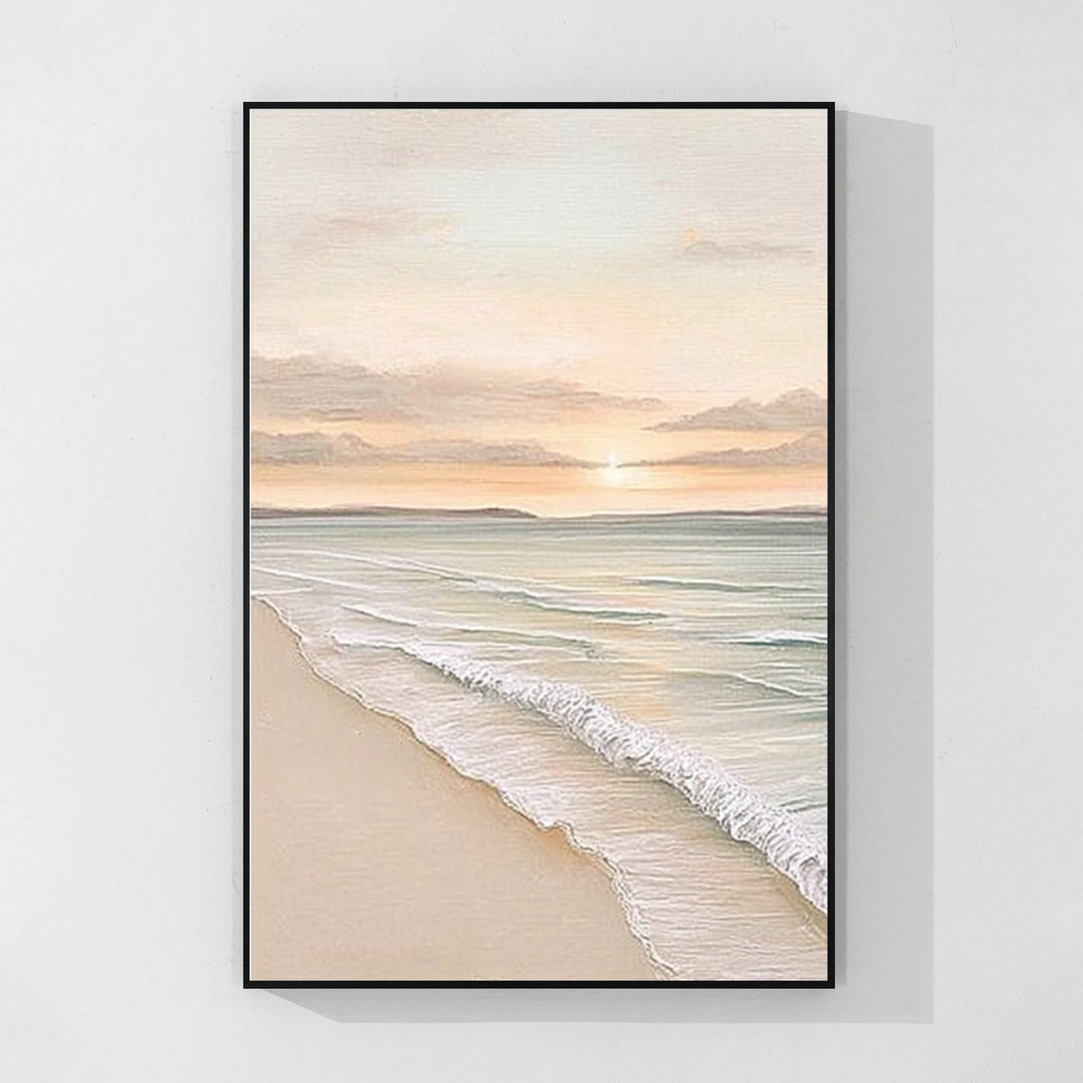 Calm ocean beach landscape painting with black frame, soft waves and sunset colors wall art
