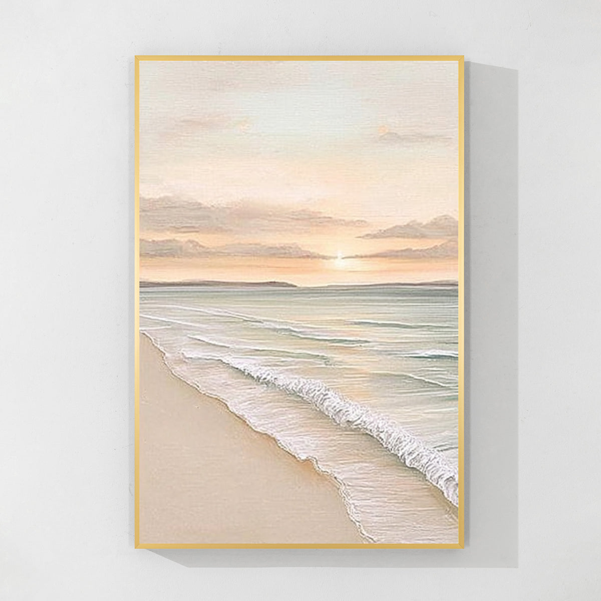 Calm ocean beach landscape painting with gold frame, soft waves and sunset colors wall art