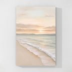 Soft coastal ocean beach landscape painting with gentle waves and sunset colors wall art