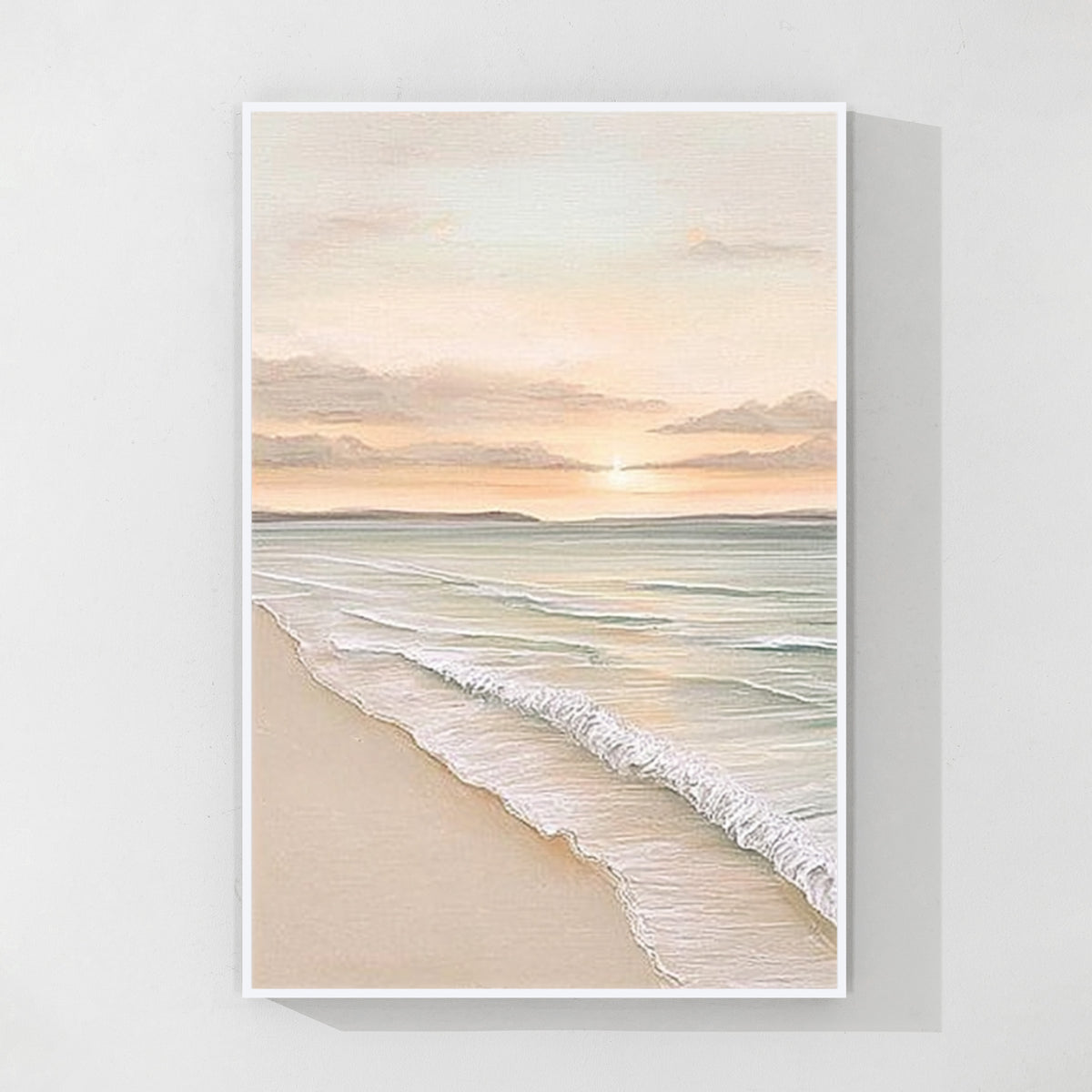 Calm ocean beach landscape painting with white frame, soft waves and sunset colors wall art
