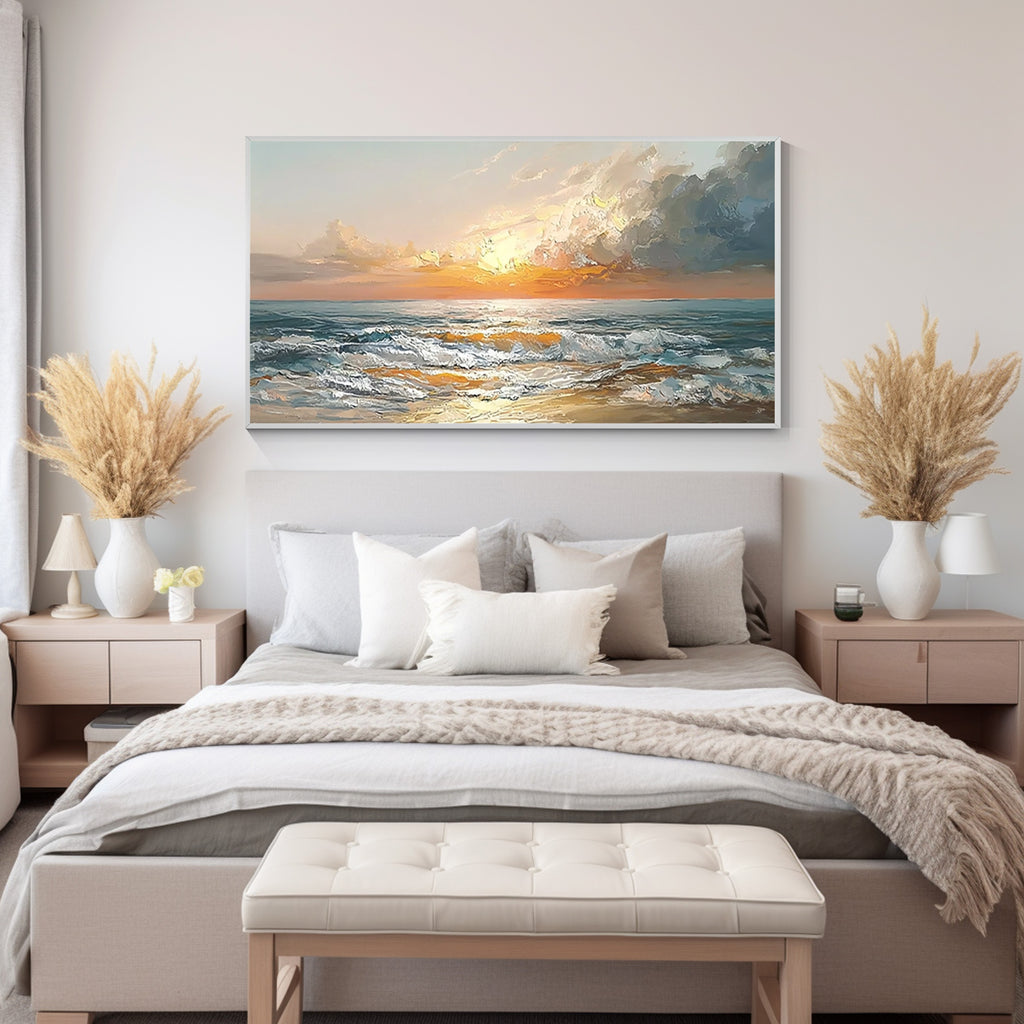 Coastal ocean wall art painting displayed above a bed in a modern bedroom interior decor