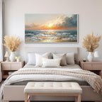 Coastal ocean wall art painting displayed above a bed in a modern bedroom interior decor