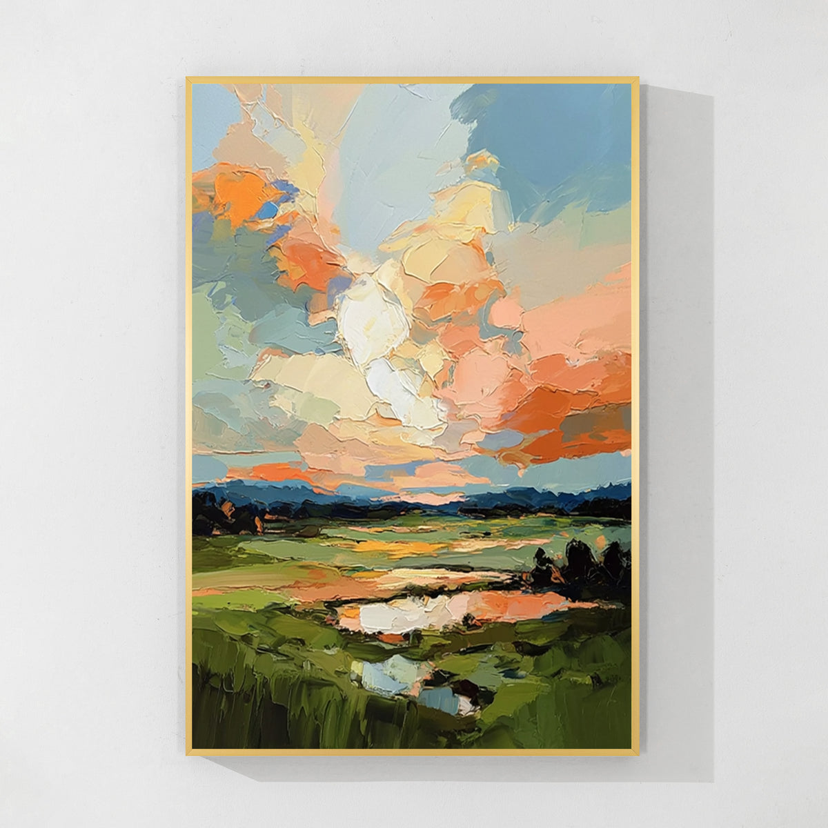 Colorful abstract landscape painting with gold frame featuring textured brush strokes, modern wall art for home decor