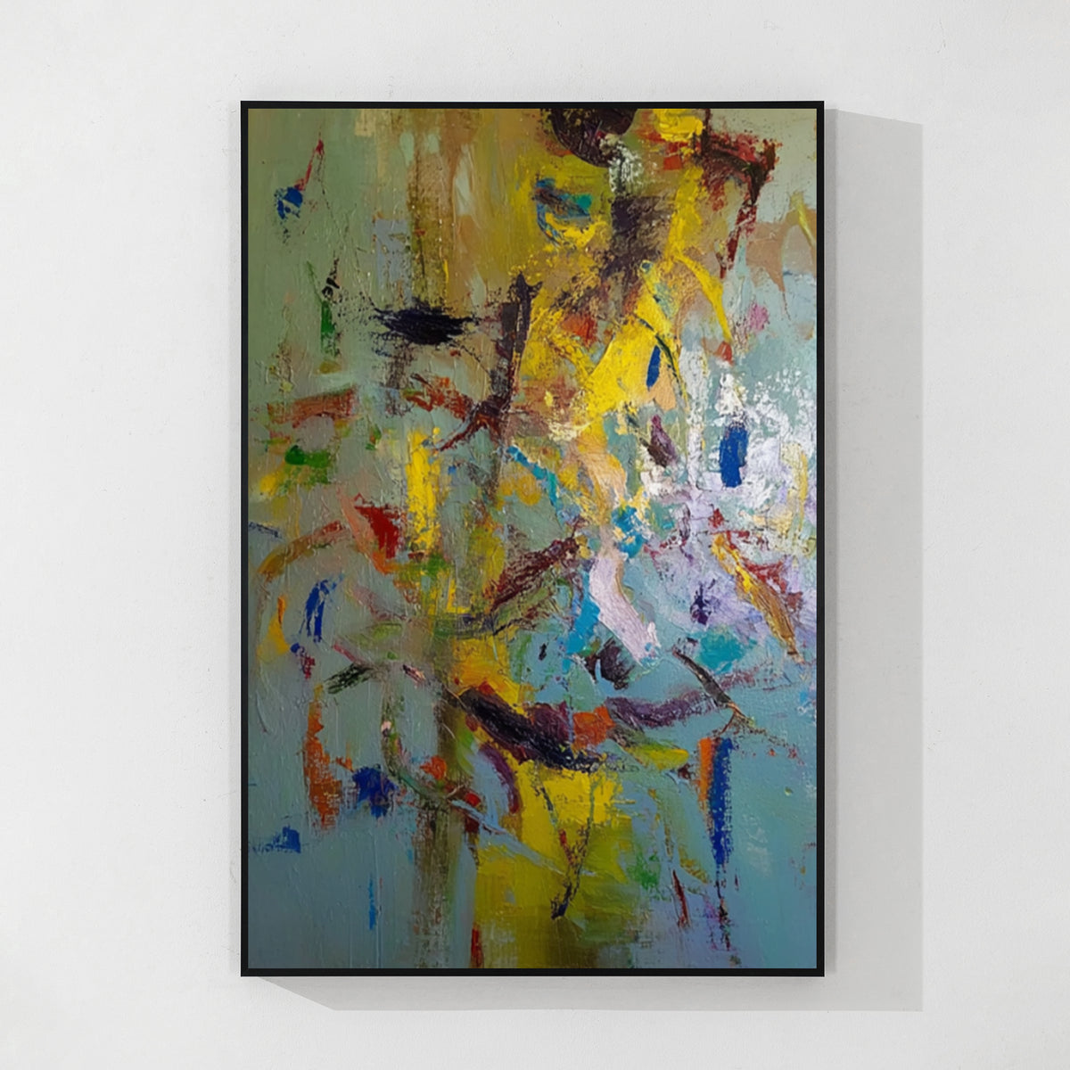 Colorful abstract painting with black frame, contemporary wall art for modern living room decor