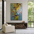 Colorful abstract painting wall art with gold frame, modern contemporary artwork for luxury living room decor