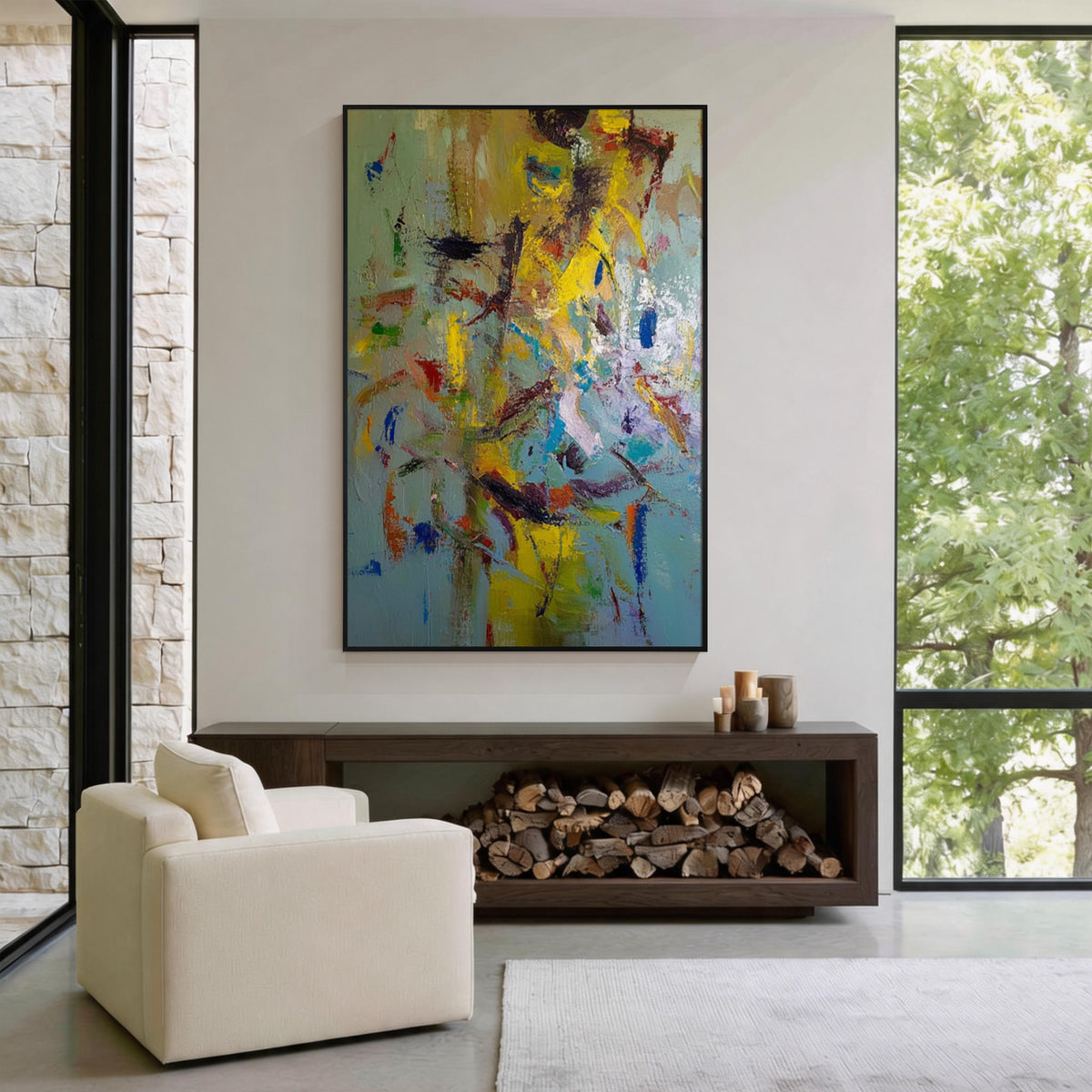 Colorful abstract painting wall art with gold frame, modern contemporary artwork for luxury living room decor