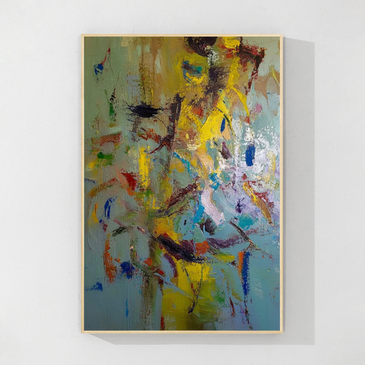 Colorful abstract painting with wood frame, natural modern wall decor for contemporary home