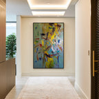 Colorful abstract wall art with black frame, modern contemporary painting for stylish home interior decor