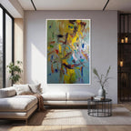 Colorful abstract wall art with white frame, modern contemporary painting for elegant living room decor
