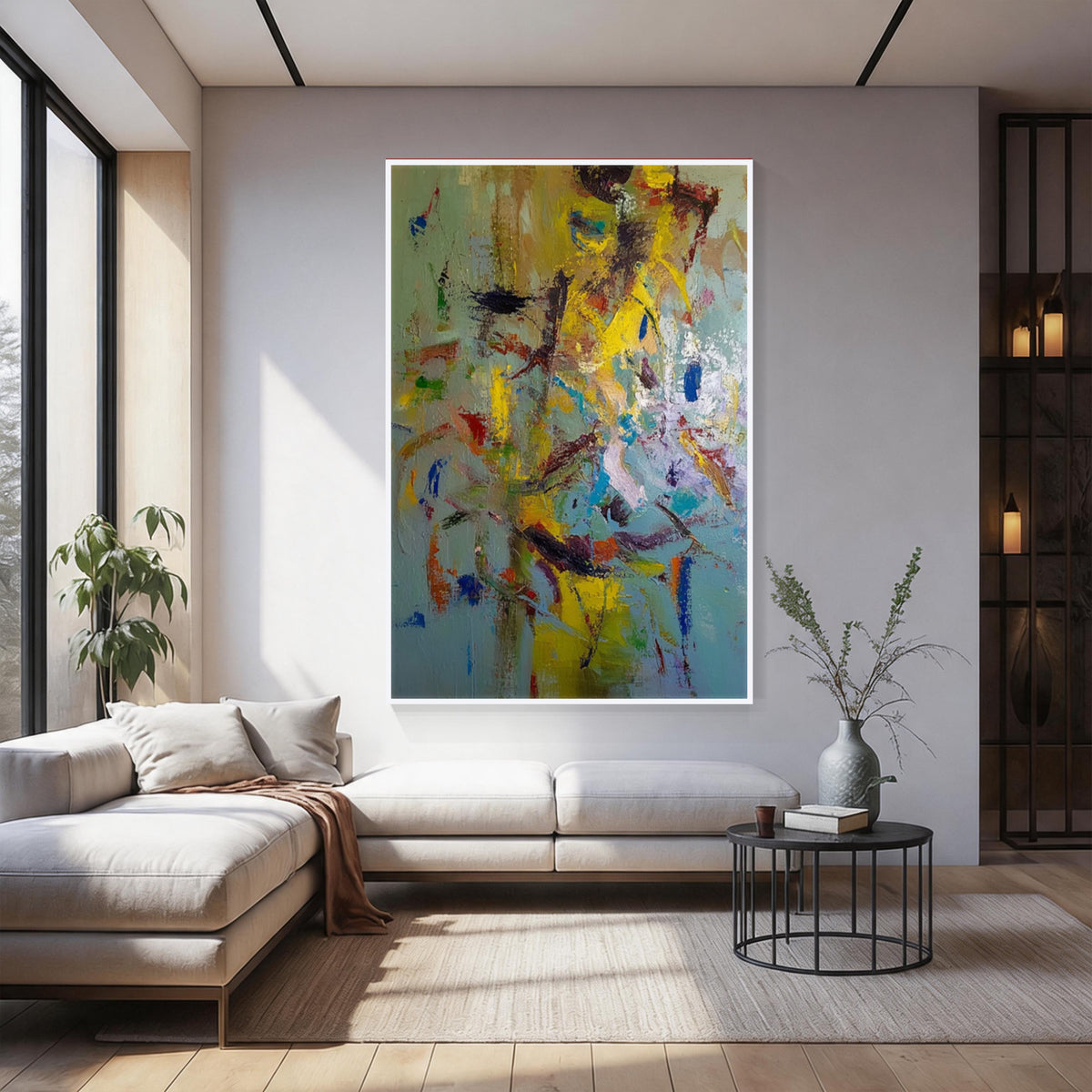 Colorful abstract wall art with white frame, modern contemporary painting for elegant living room decor