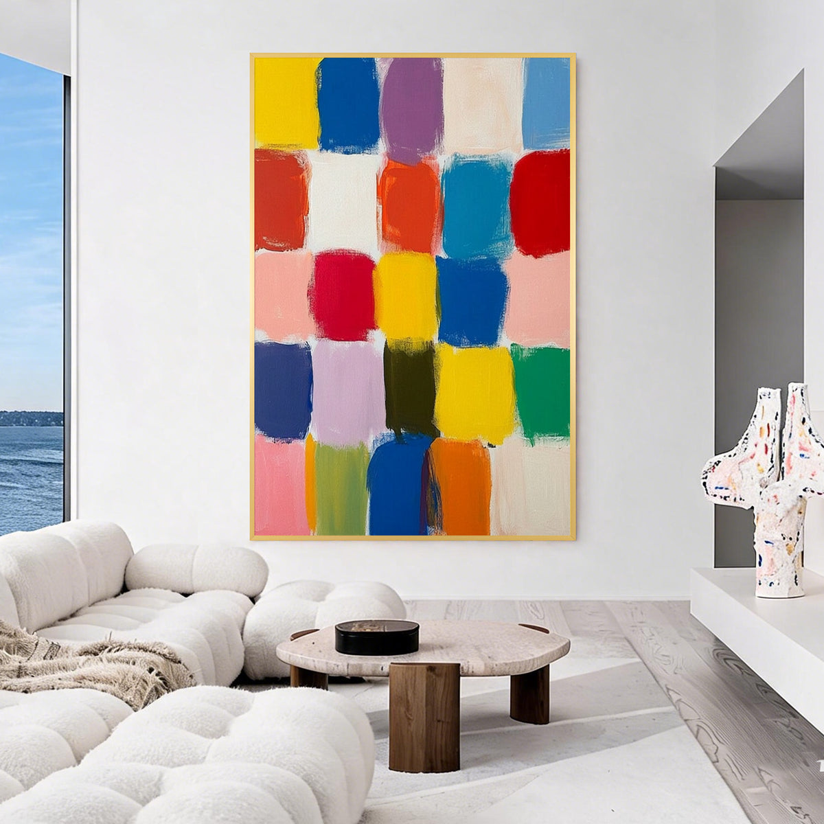 Colorful block abstract wall art with gold frame displayed in a modern living room, featuring vibrant color squares and textured contemporary painting design