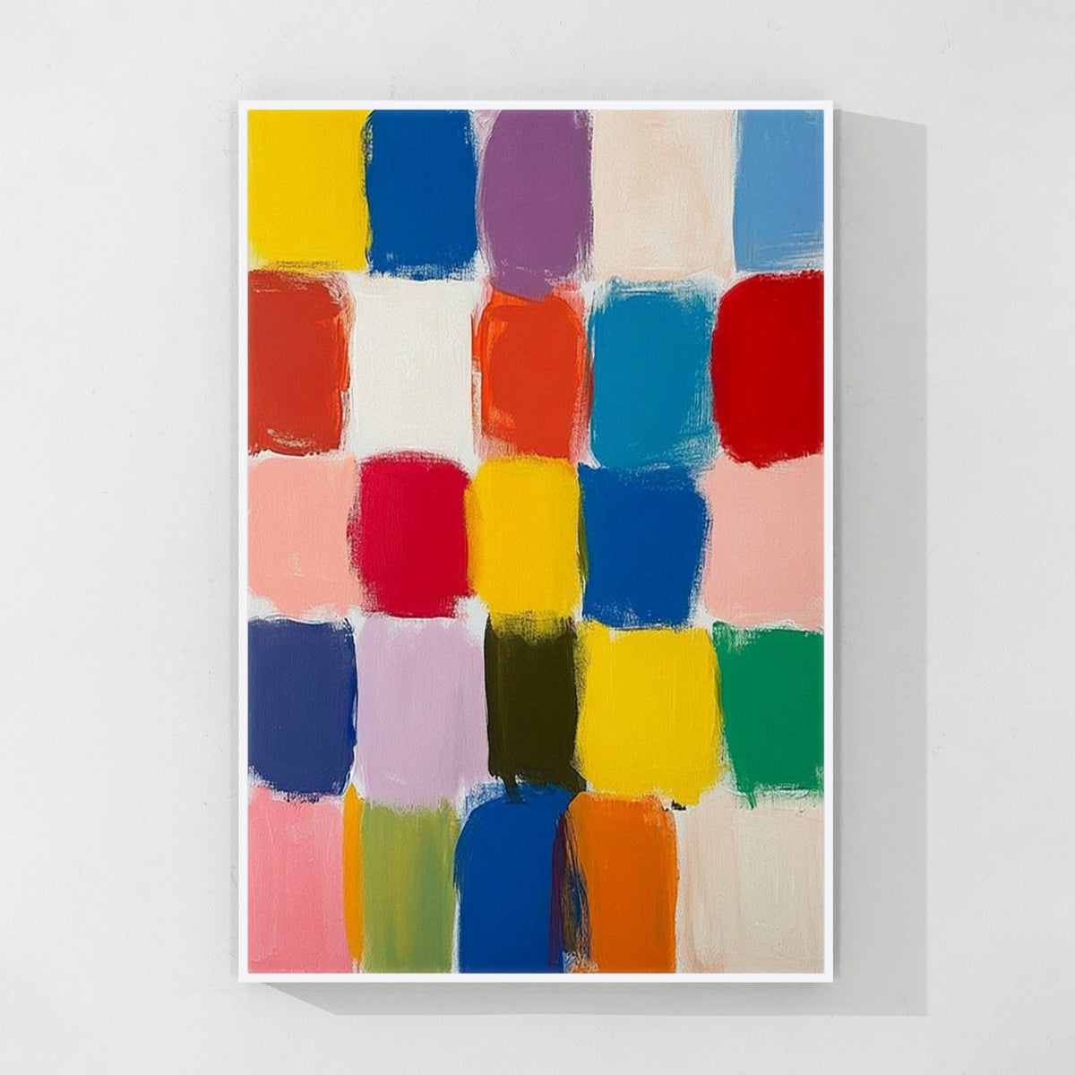 Colorful block abstract wall art with white frame featuring vibrant geometric color shapes and textured modern artwork design