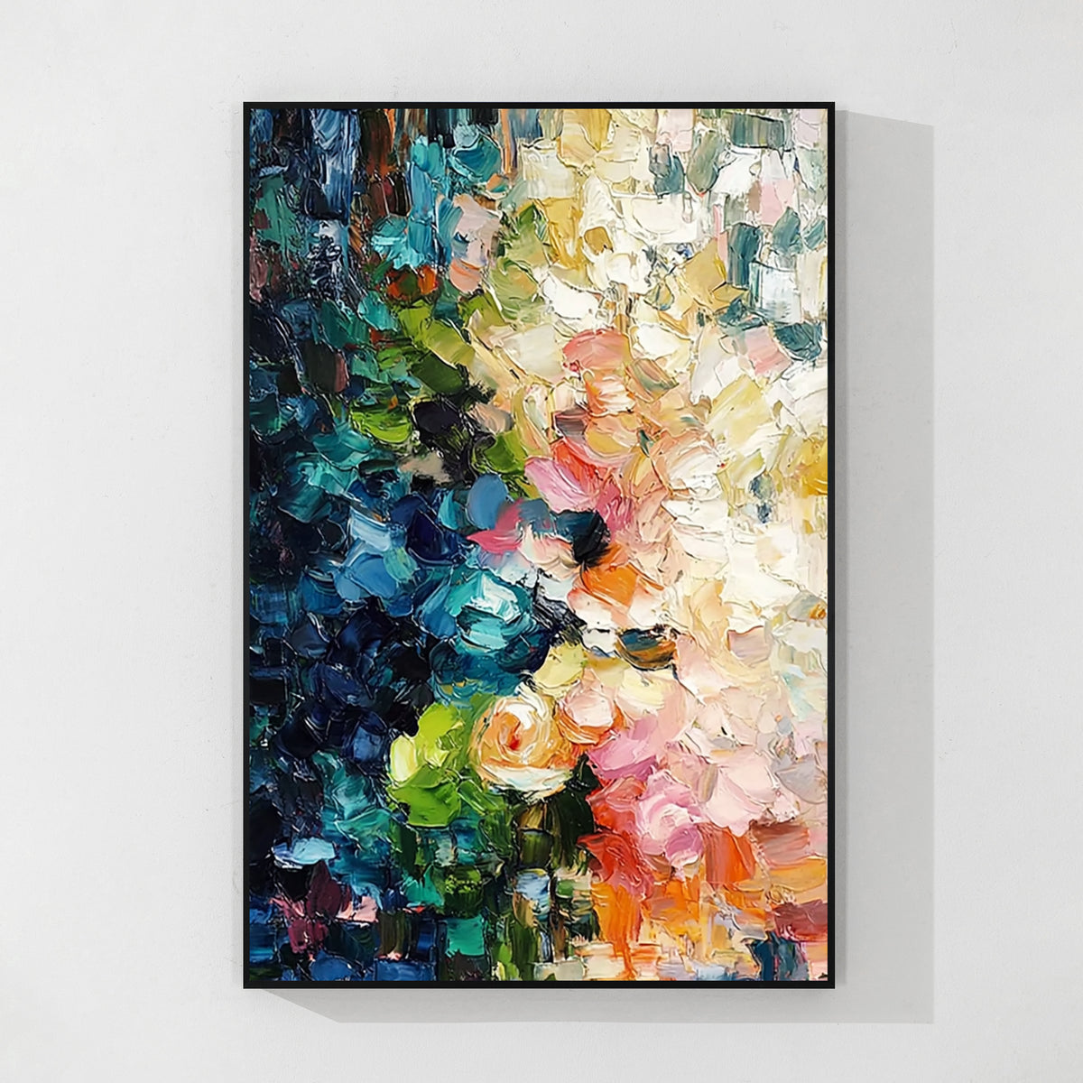 Colorful blue green pink and orange textured abstract wall art with black frame featuring bold layered textures and contemporary interior style
