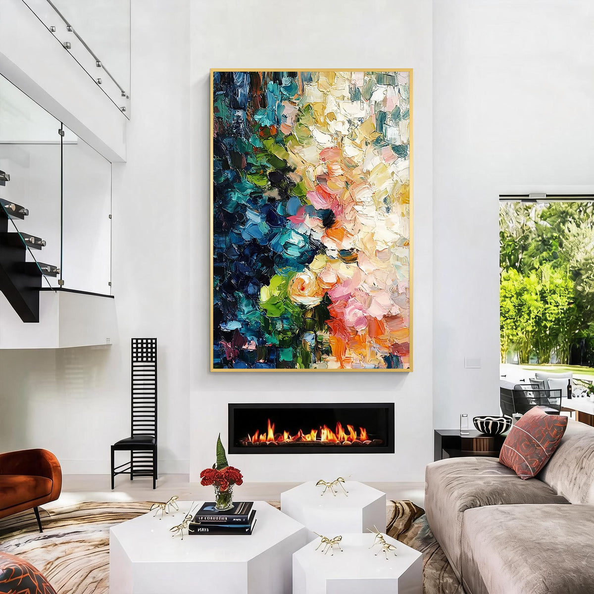 Colorful blue green pink and orange textured abstract wall art with gold frame displayed above a fireplace in a modern living room, featuring layered brush strokes and contemporary home decor