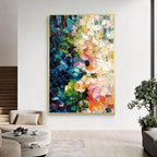 Colorful blue green pink and orange textured abstract wall art with gold frame displayed in a modern home interior, featuring layered brush strokes and contemporary artistic design