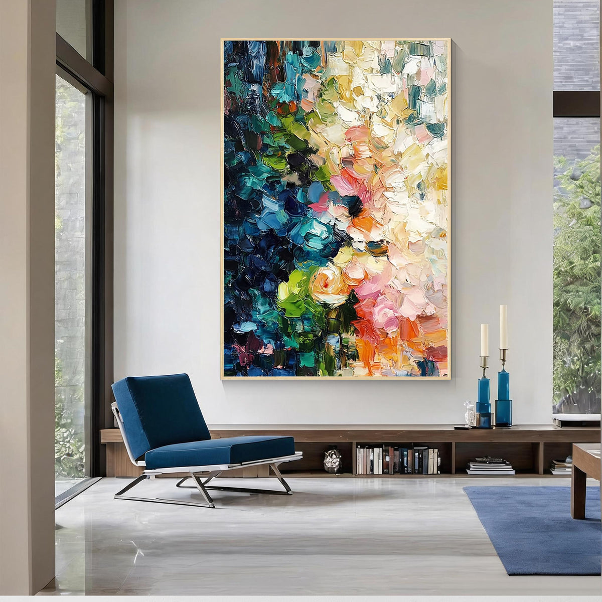 Colorful blue green pink and orange textured abstract wall art with gold frame displayed in a modern living room, featuring layered brush strokes and contemporary interior design