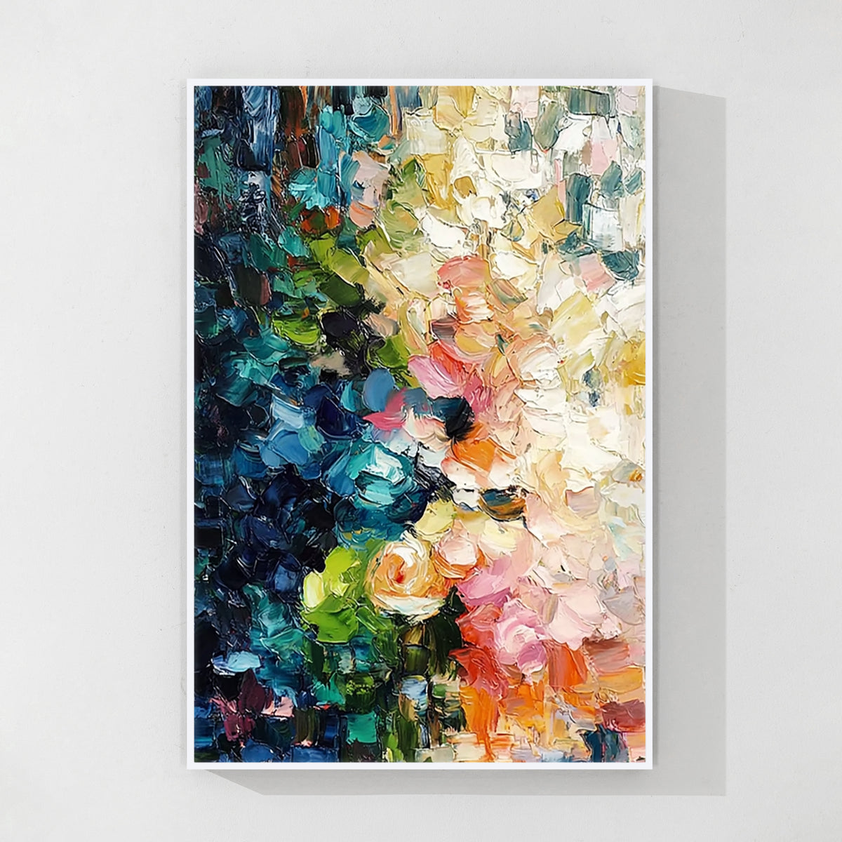 Colorful blue green pink and orange textured abstract wall art with white frame featuring soft modern colors and minimalist home decoration