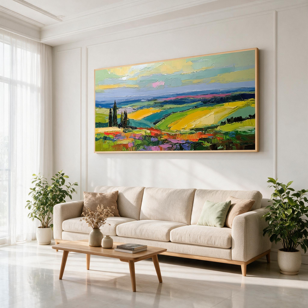 Colorful countryside landscape wall art with wood frame displayed above a sofa in a modern living room