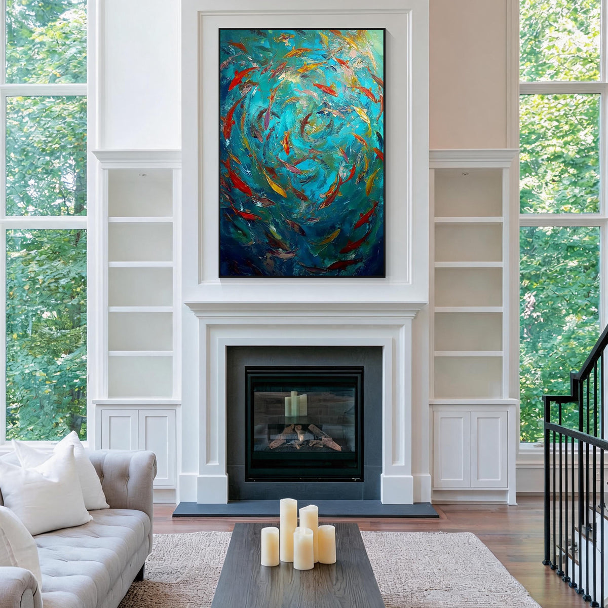 Colorful fish school abstract art with black frame displayed above a fireplace in a modern living room