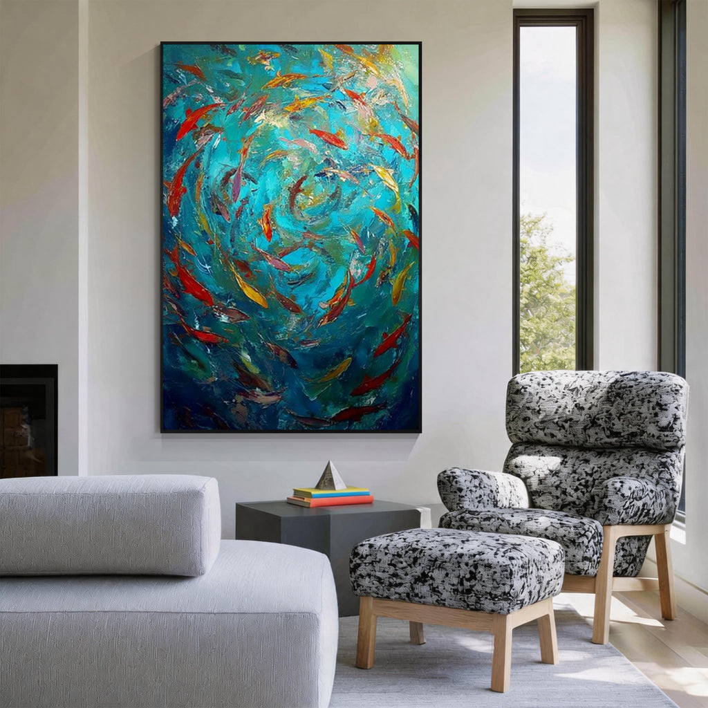 Colorful fish school abstract art with black frame displayed in a modern living room
