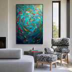 Colorful fish school abstract art with black frame displayed in a modern living room