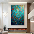Colorful fish school abstract art with gold frame displayed in a modern luxury living room