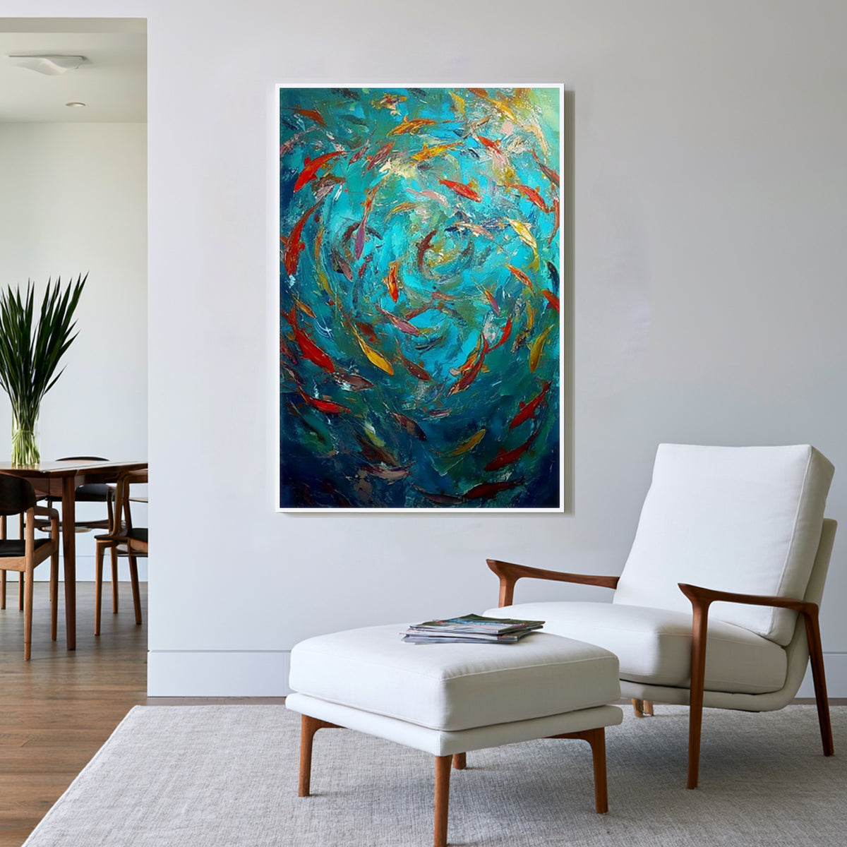 Colorful fish school abstract art with white frame displayed in a modern living room