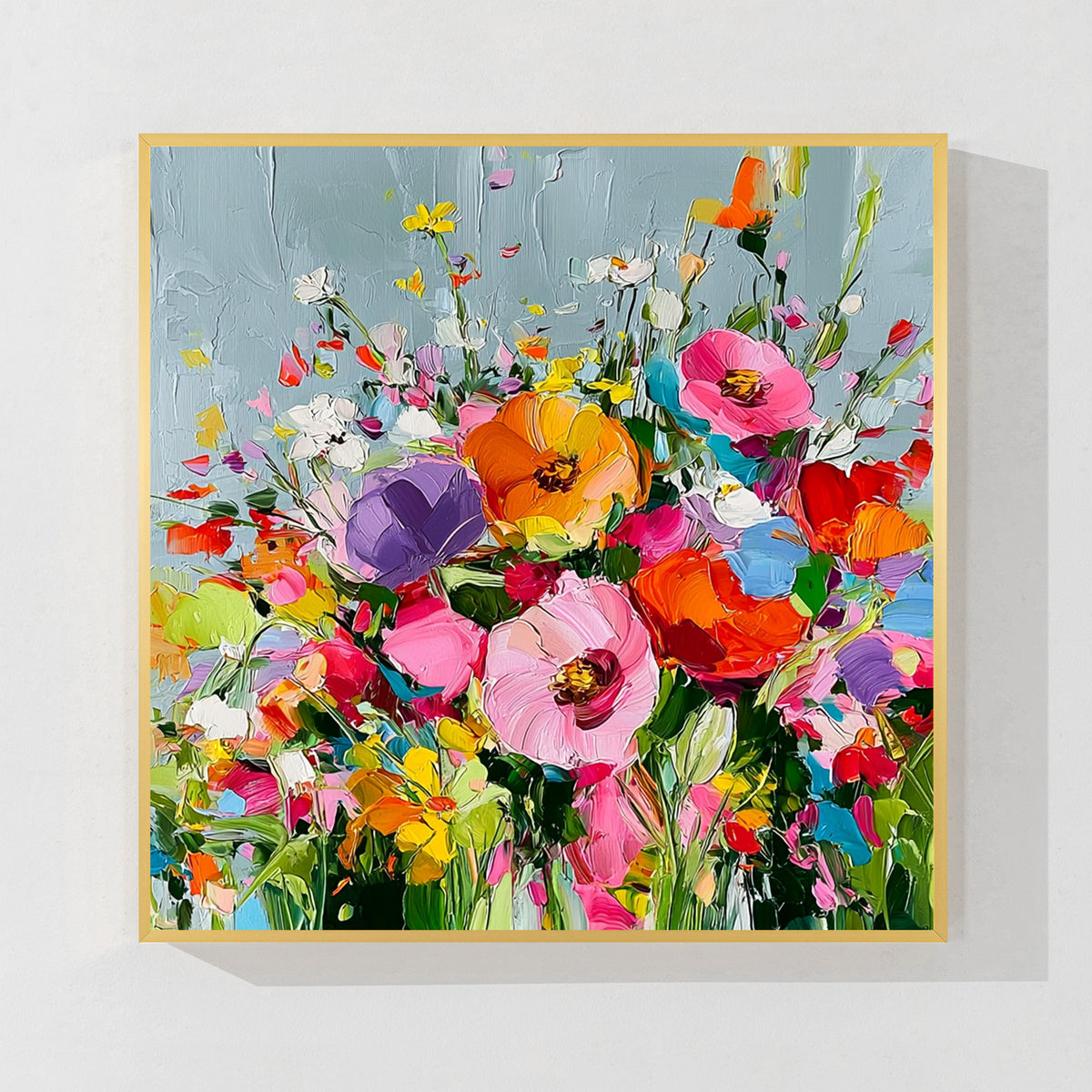 Colorful floral abstract canvas wall art with gold frame, vibrant flower painting with textured brush strokes for modern home decor