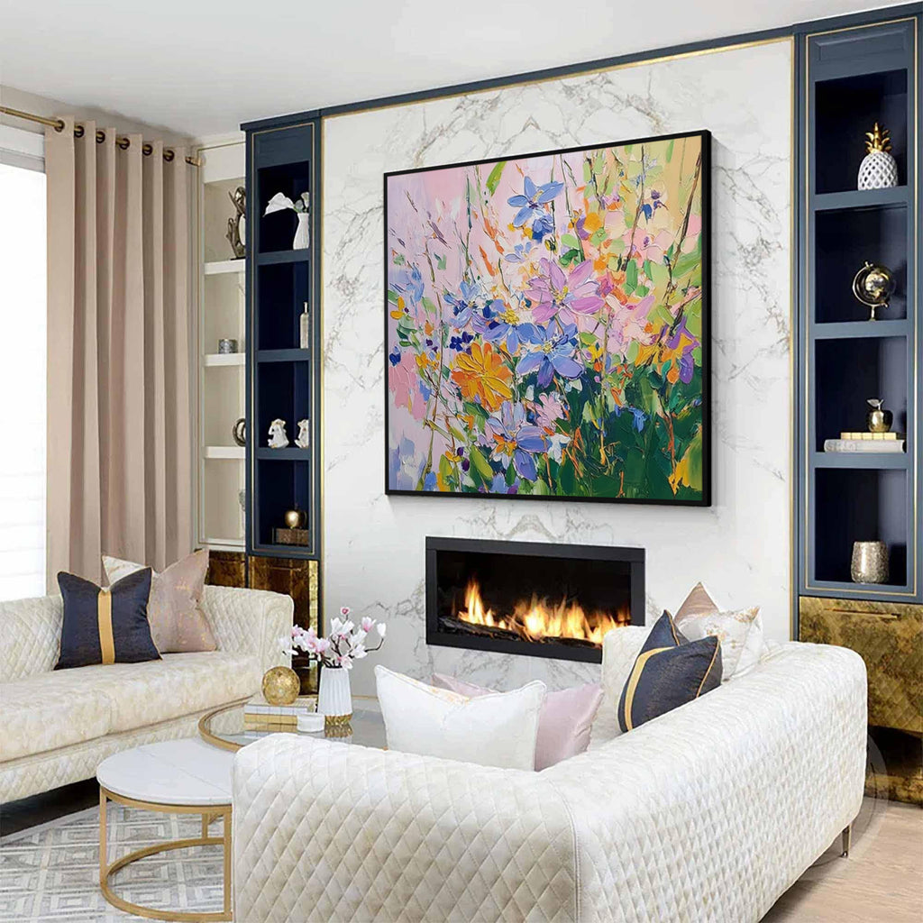 Colorful floral abstract painting with black frame above fireplace in a modern luxury living room