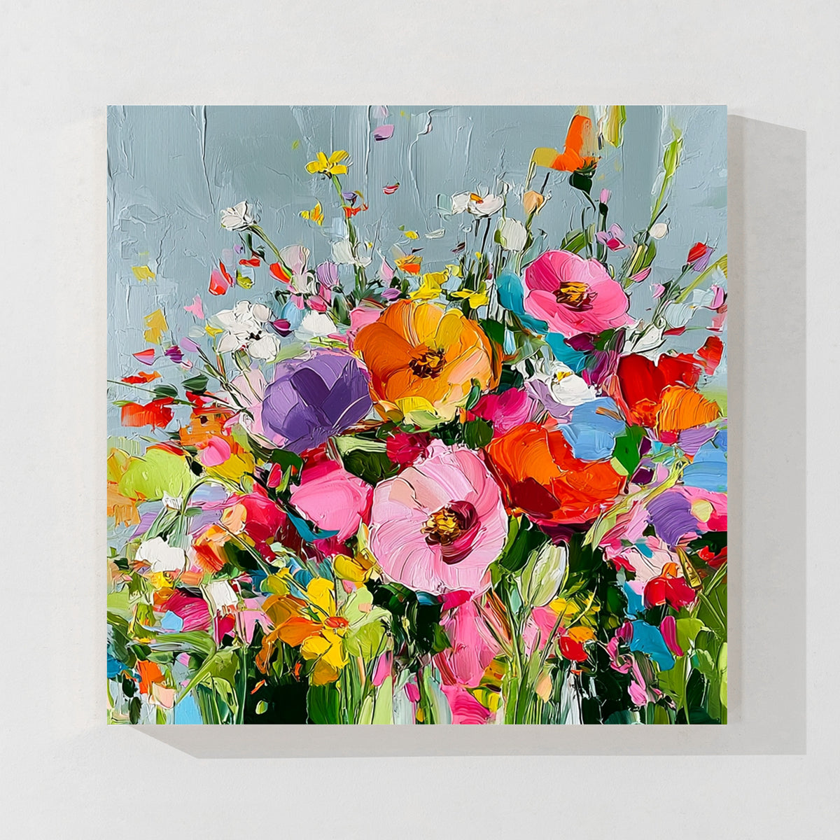 Colorful floral abstract textured canvas wall art featuring vibrant flowers and bold brush strokes, modern flower painting with rich colors for contemporary home decor