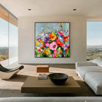 Colorful floral textured abstract wall art with black frame featuring vibrant flowers and modern oil painting style for contemporary home decor