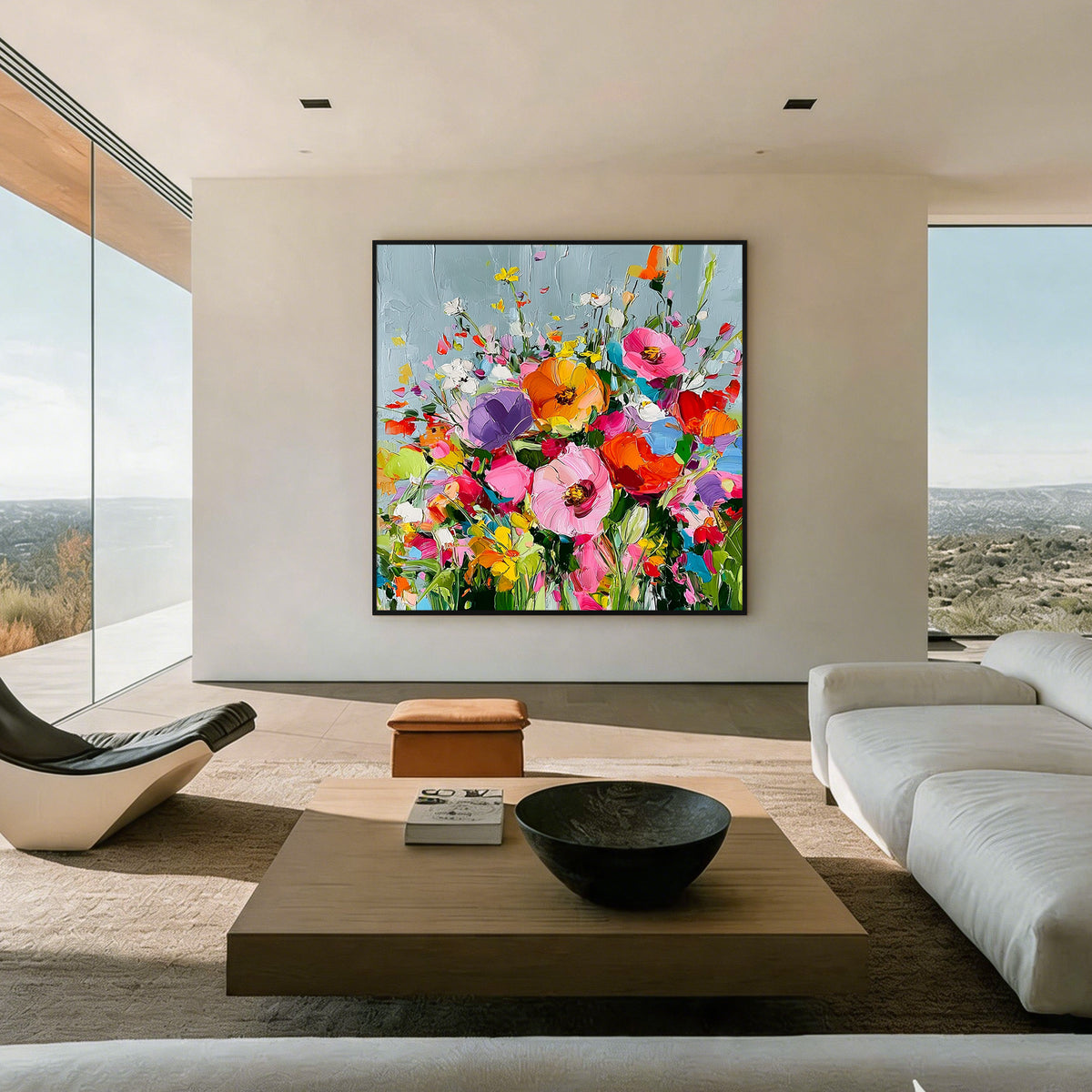 Colorful floral textured abstract wall art with black frame featuring vibrant flowers and modern oil painting style for contemporary home decor