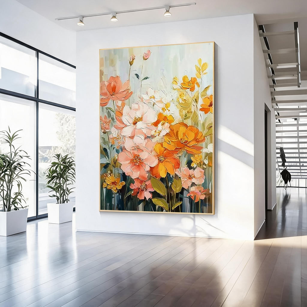 Colorful floral wall art with pink, orange and yellow flowers in a gold frame in a modern entryway