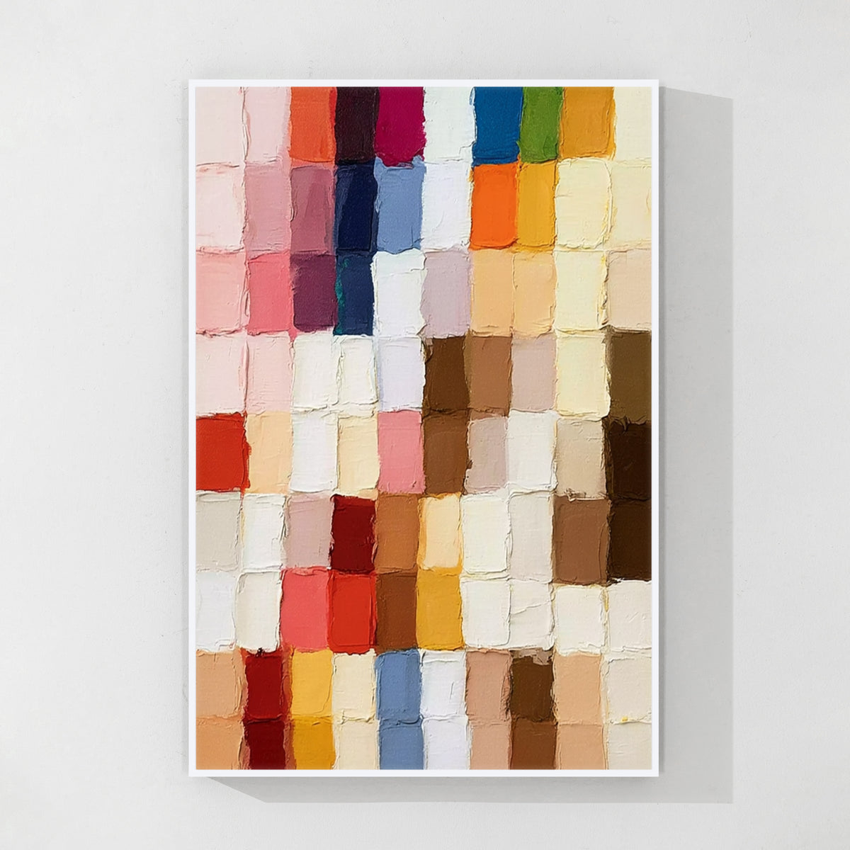 Colorful geometric textured abstract wall art with white frame featuring soft multicolor blocks and minimalist modern artwork