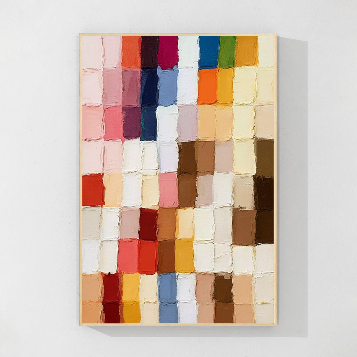 Colorful geometric textured abstract wall art with wood frame featuring natural tones, multicolor blocks and modern interior decor style