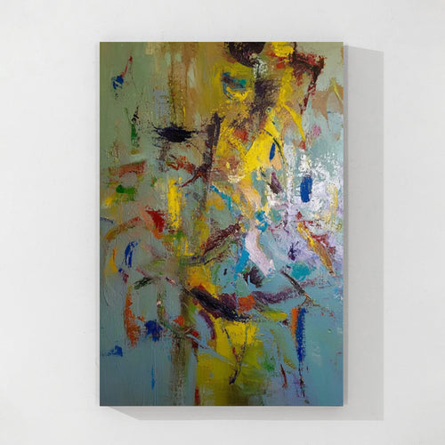 Colorful modern abstract painting with vibrant green, yellow and blue tones, contemporary wall art for stylish home decor