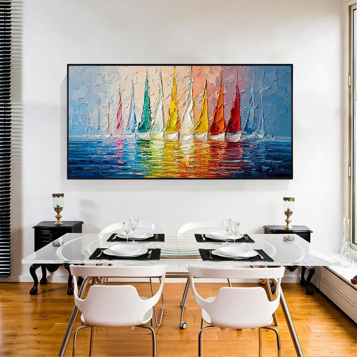 Colorful sailboat wall art with black frame displayed in a modern dining room, featuring vibrant sailboats and textured reflections on blue water