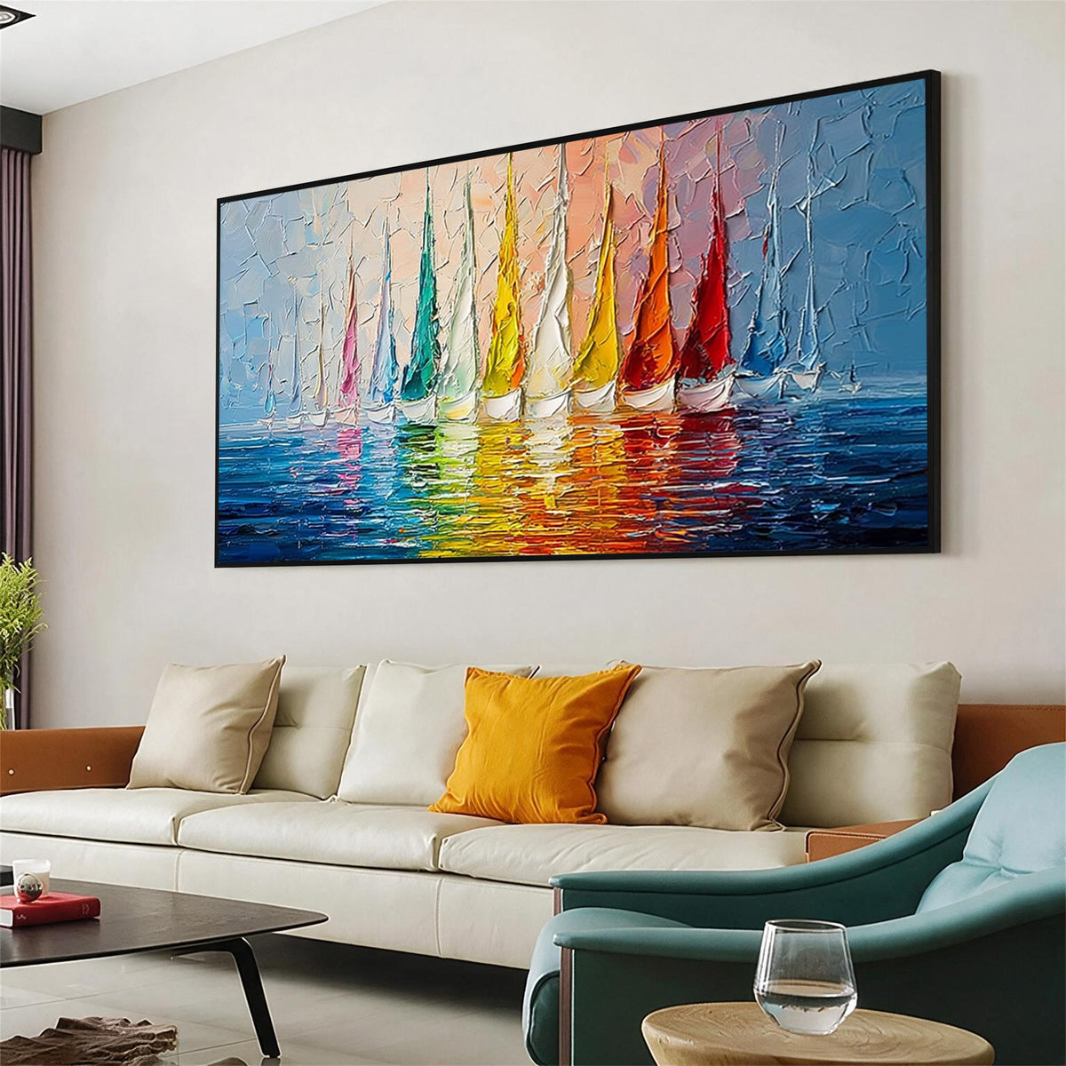 Colorful sailboat wall art with black frame displayed above a sofa in a modern living room, featuring vibrant sailboats and textured blue water