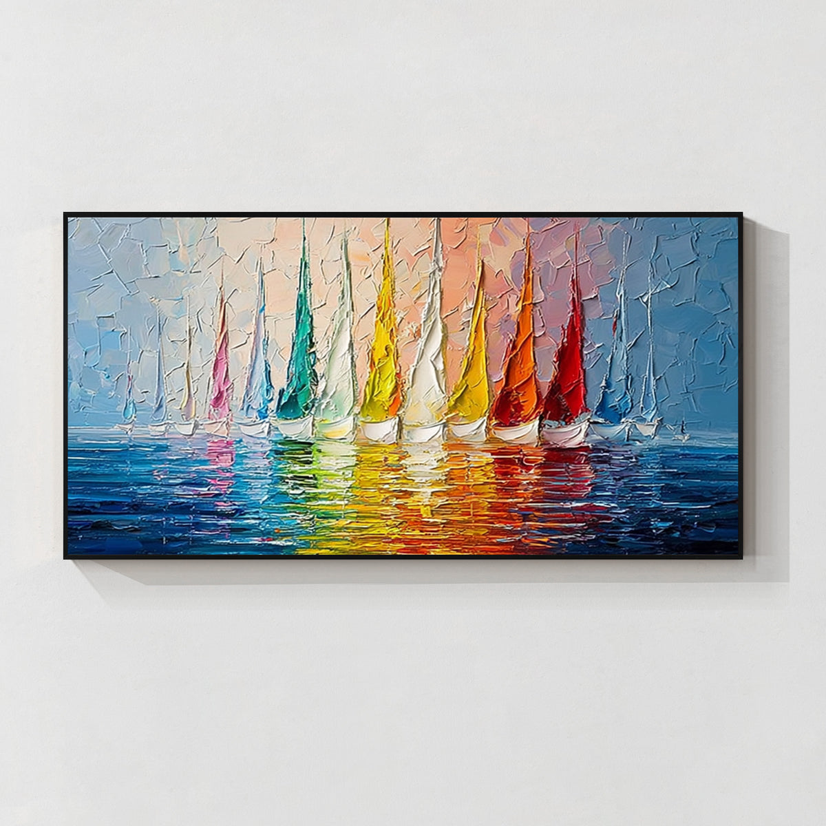 Colorful sailboat wall art with black frame, featuring vibrant sailboats on blue water with textured brushwork