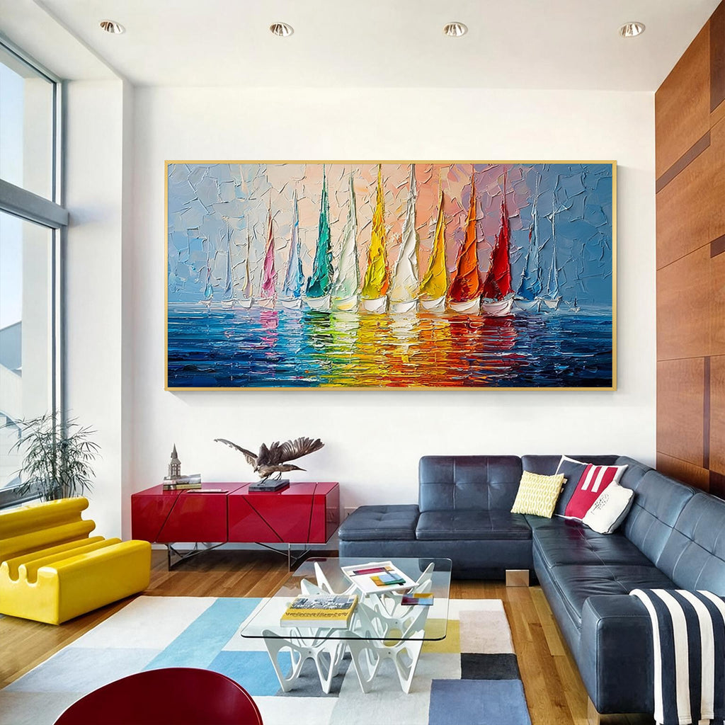 Colorful sailboat wall art with gold frame displayed in a modern living room, featuring vibrant sailboats, blue water and textured brushwork