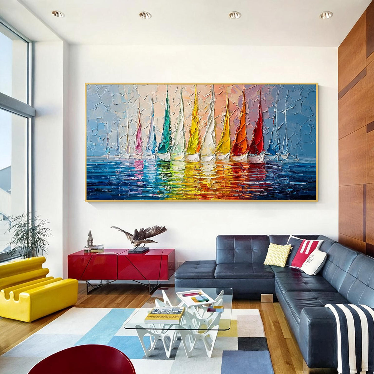 Colorful sailboat wall art with gold frame displayed in a modern living room, featuring vibrant sailboats, blue water and textured brushwork