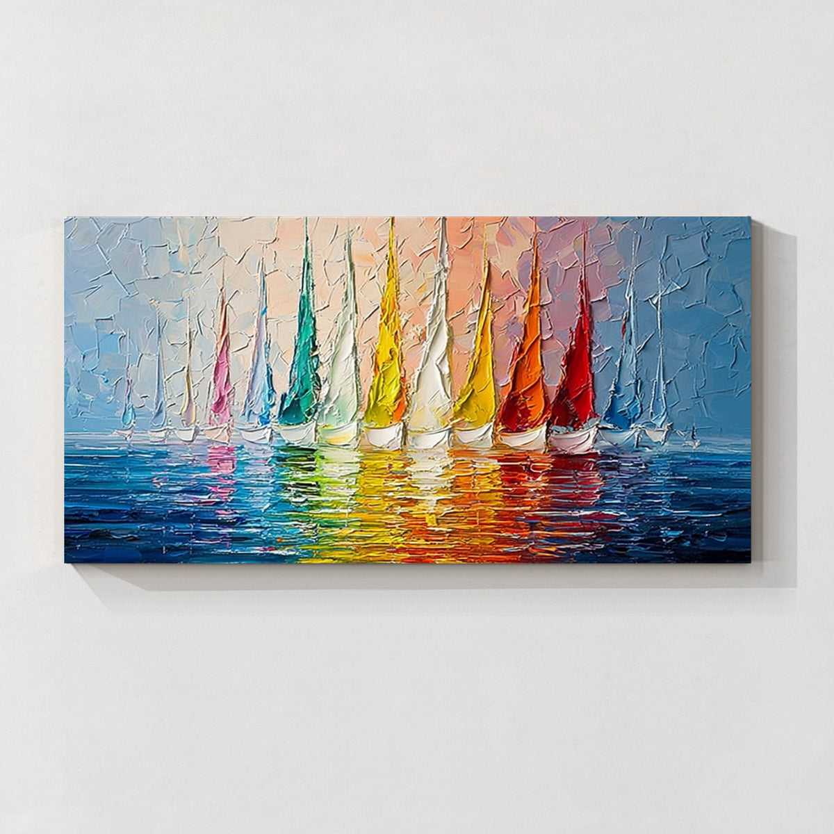 Colorful sailboat wall art with textured brushwork, featuring vibrant sailboats on the water in a contemporary painting style