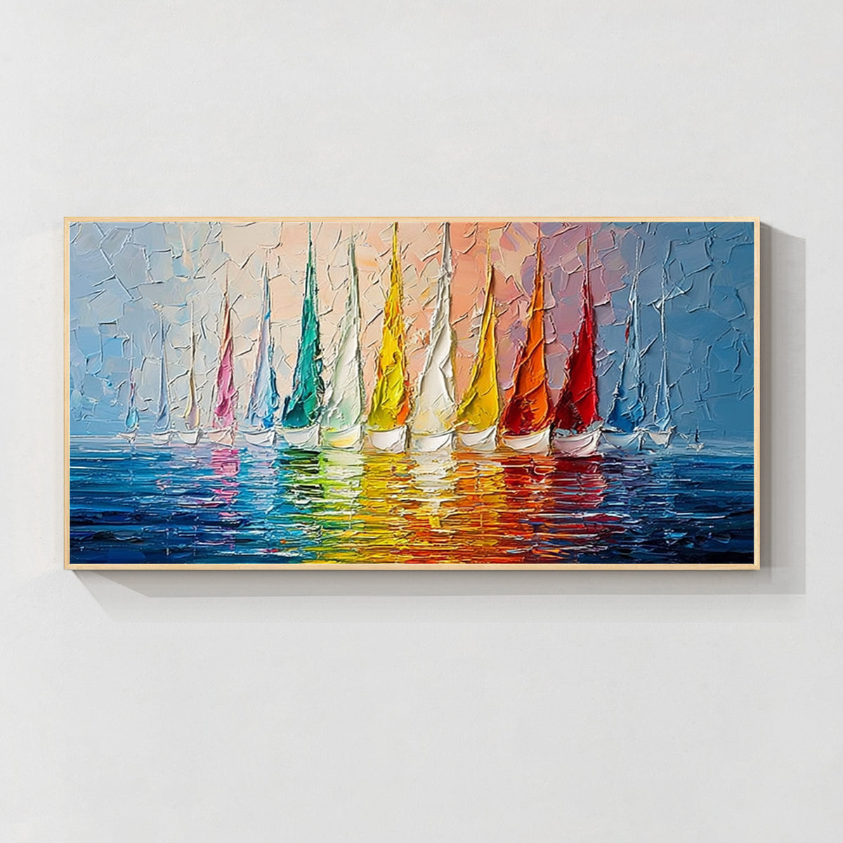 Colorful sailboat wall art with wood frame, featuring vibrant sailboats on blue water with textured brushwork
